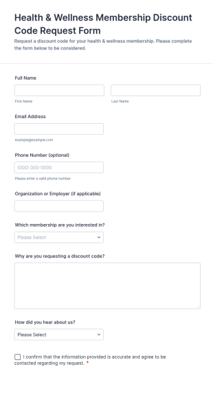 Health & Wellness Membership Discount Code Request Form Template