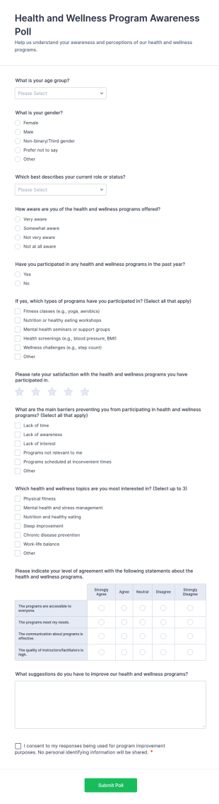 Health And Wellness Program Awareness Poll Form Template