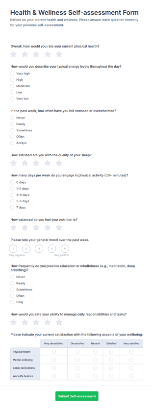 Health & Wellness Self Assessment Form Template