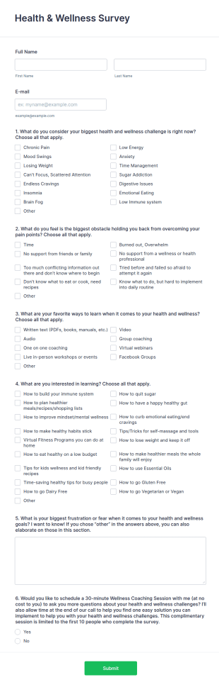 Health And Wellness Survey Form Template