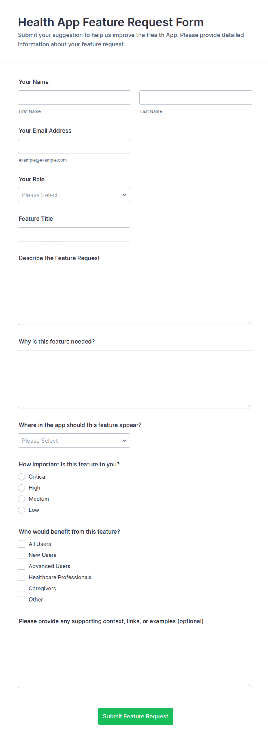 Health App Feature Request Form Template | Jotform