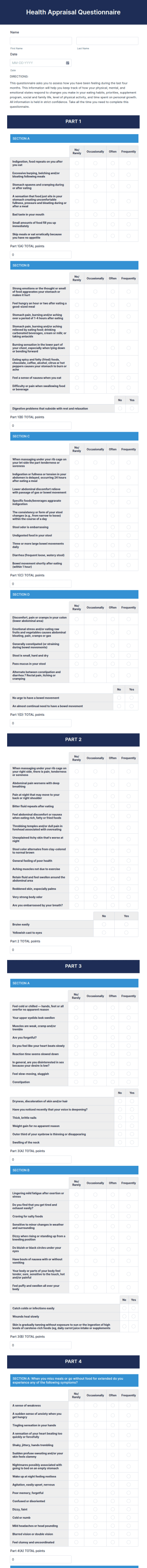 Health Appraisal Questionnaire Form Template