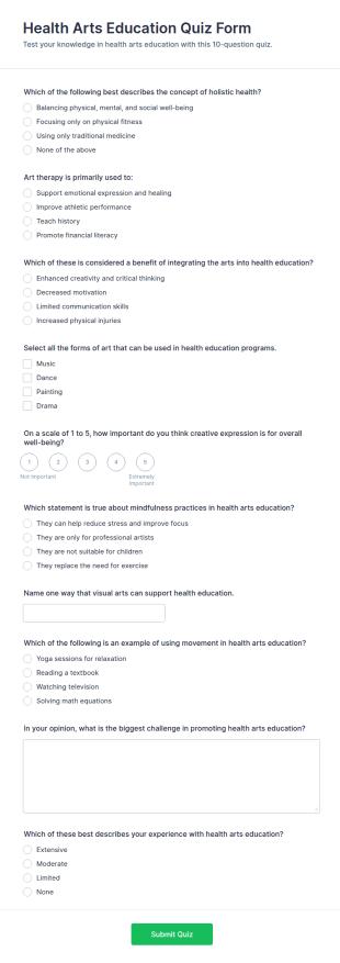 Health Arts Education Quiz Form Template