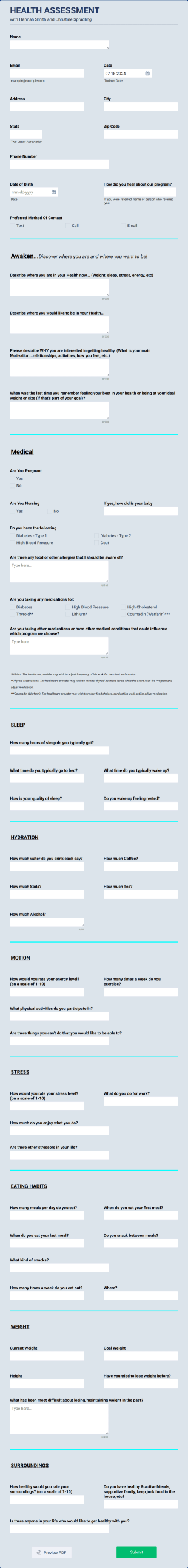 HEALTH ASSESSMENT Client Copy Form Template