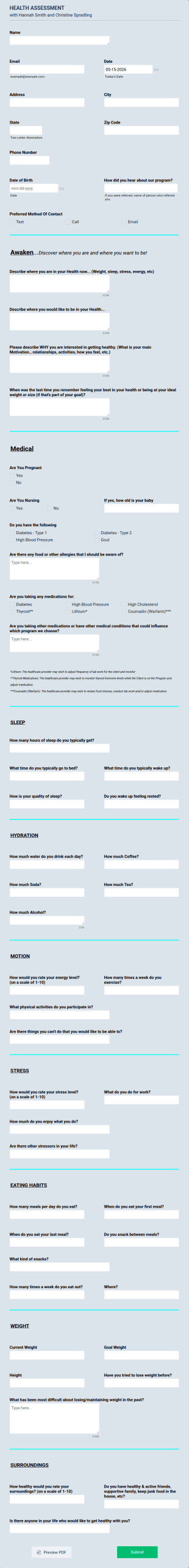 HEALTH ASSESSMENT Client Copy Form Template