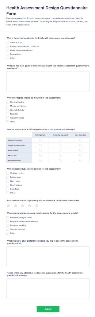 Health Assessment Design Questionnaire Form Template
