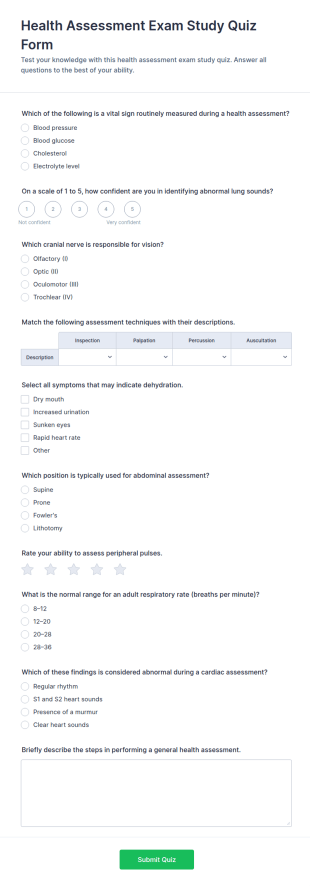 Health Assessment Exam Study Quiz Form Template