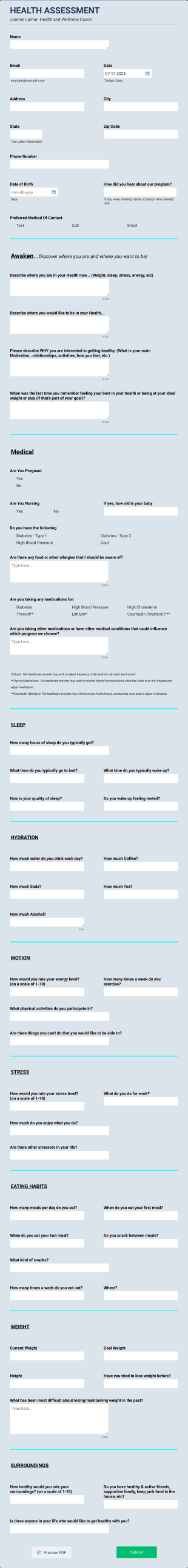HEALTH ASSESSMENT Team Lamar Form Template