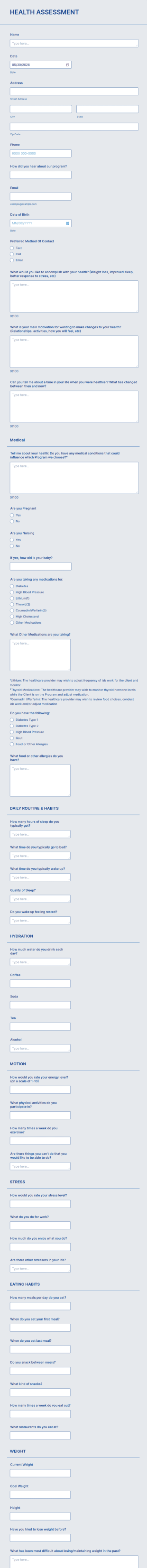Health Assessment Form Template