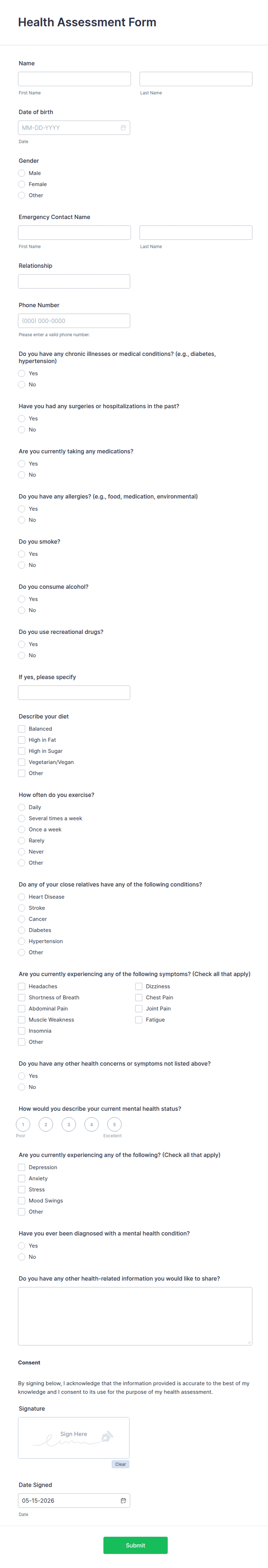 Health Assessment Form Template | Jotform