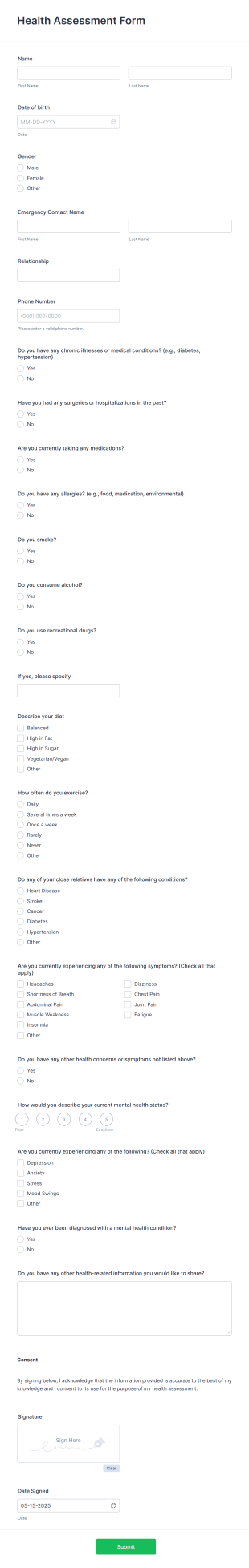 Health Assessment Form Form Template