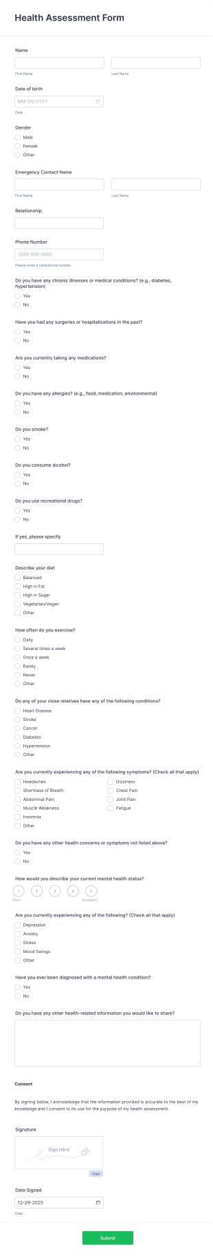 Health Assessment Form Form Template