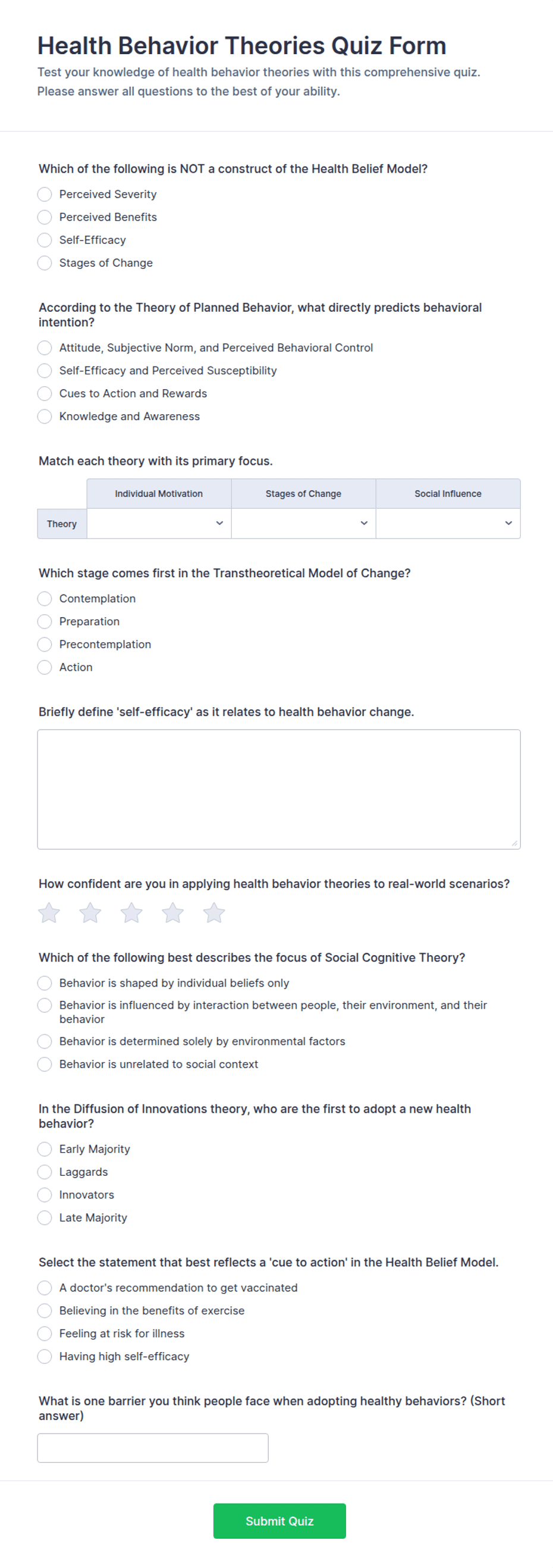 Health Behavior Theories Quiz Form Template | Jotform