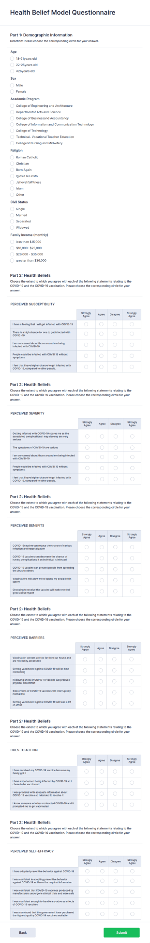 Health Belief Model Questionnaire Form Template
