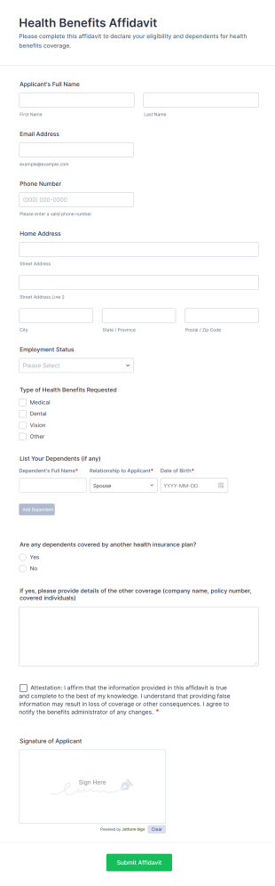 Health Benefits Affidavit Form Template