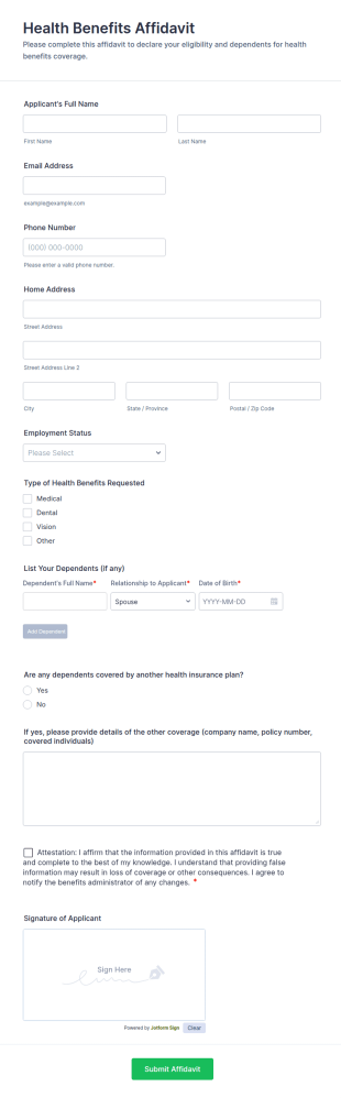 Health Benefits Affidavit Form Template