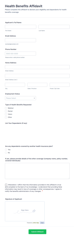 Health Benefits Affidavit Form Template