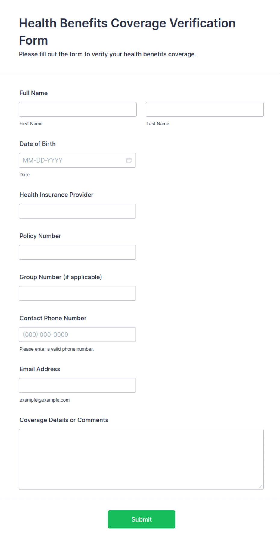 Health Benefits Coverage Verification Form Template | Jotform