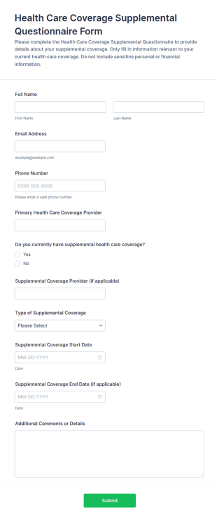Health Care Coverage Supplemental Questionnaire Form Template