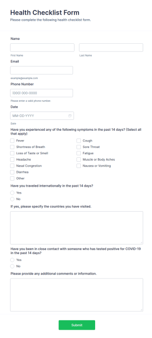 Health Checklist Form Template