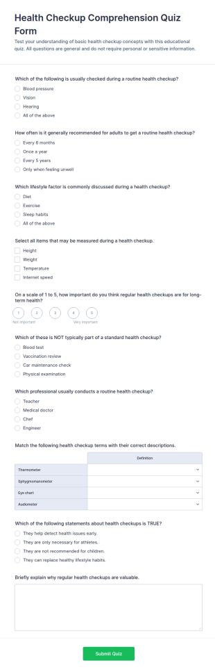 Health Checkup Comprehension Quiz Form Template