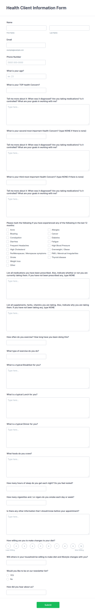Health Client Information Form Template