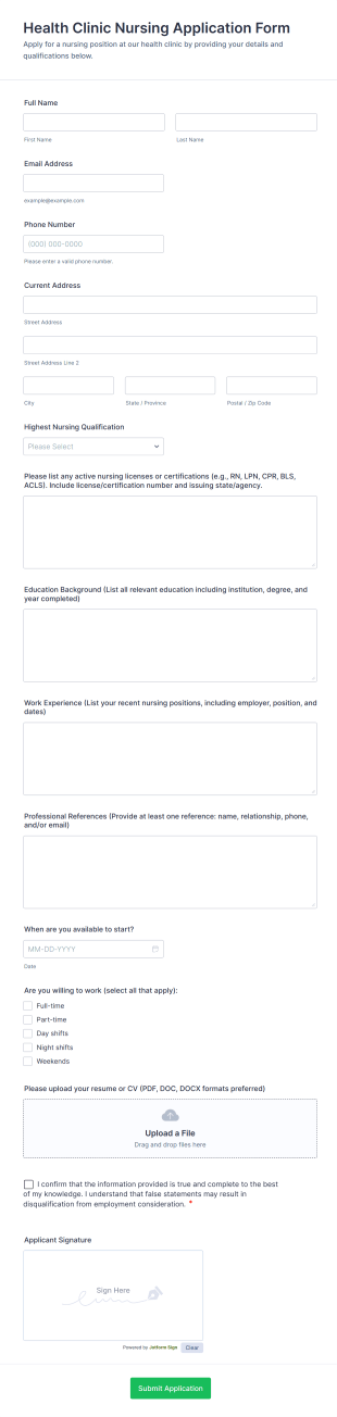Health Clinic Nursing Application Form Template