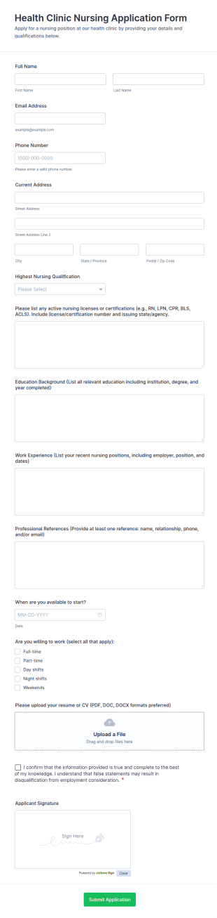 Health Clinic Nursing Application Form Template
