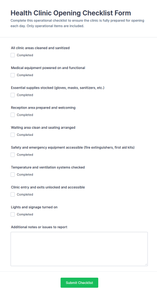 Health Clinic Opening Checklist Form Template