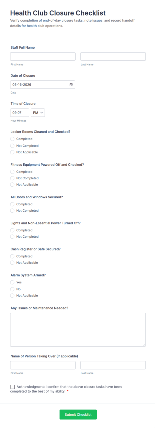 Health Club Closure Checklist Form Template