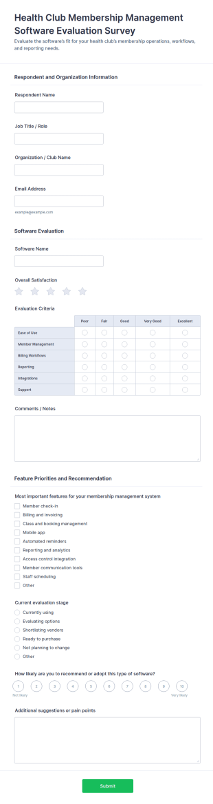 Health Club Membership Management Software Evaluation Survey Form Template