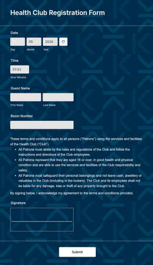 Health Club Registration Form Template