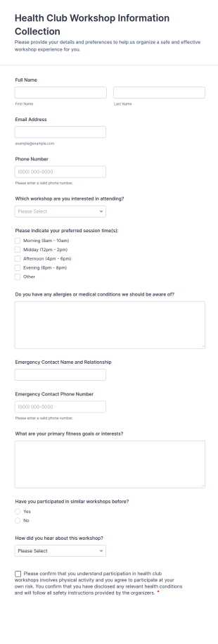 Health Club Workshop Information Collection Form Template