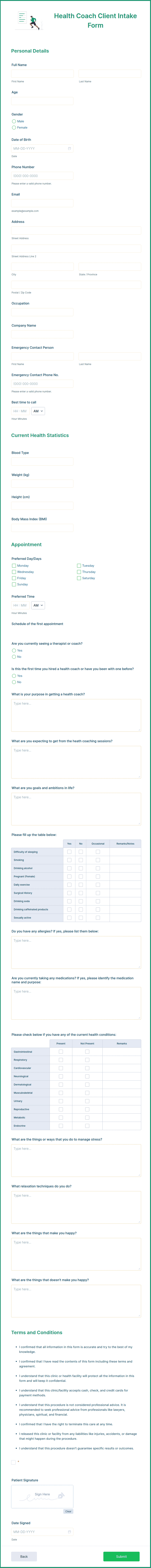 Wellness Client Intake Form Health Coach Client Intake Form Template | Jotform