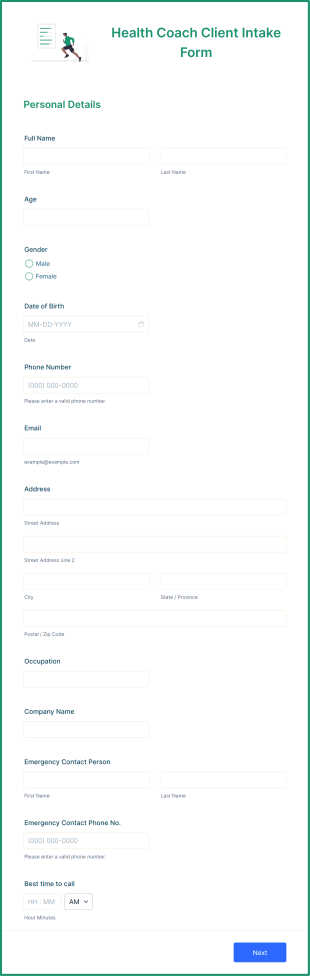 Health Coach Client Intake Form Template