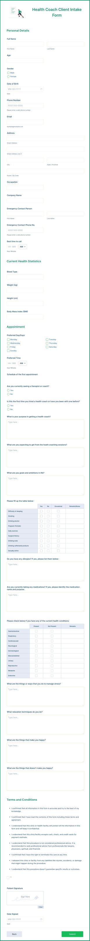 Health Coach Client Intake Form Template