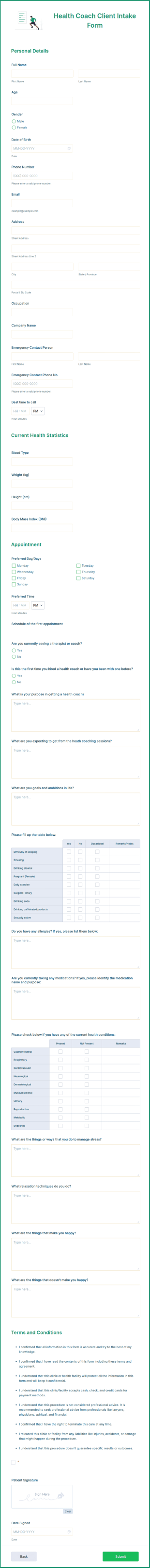 Health Coach Client Intake Form Template