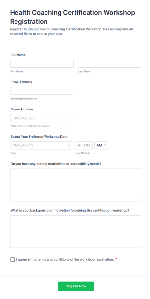 Health Coaching Certification Workshop Registration Form Template