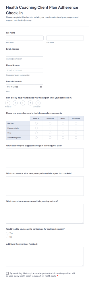 Health Coaching Client Plan Adherence Check In Form Template