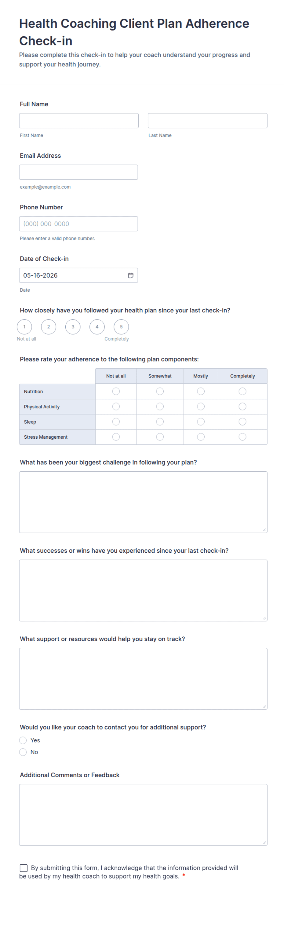 Health Coaching Client Plan Adherence Checkin Form Template Jotform