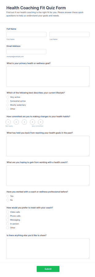 Health Coaching Fit Quiz Form Template