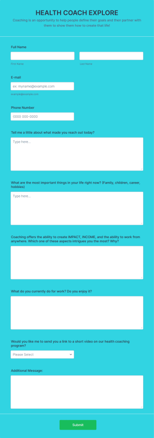 Health Coaching Questionnaire Form Template