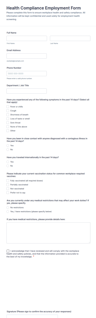 Health Compliance Employment Form Template
