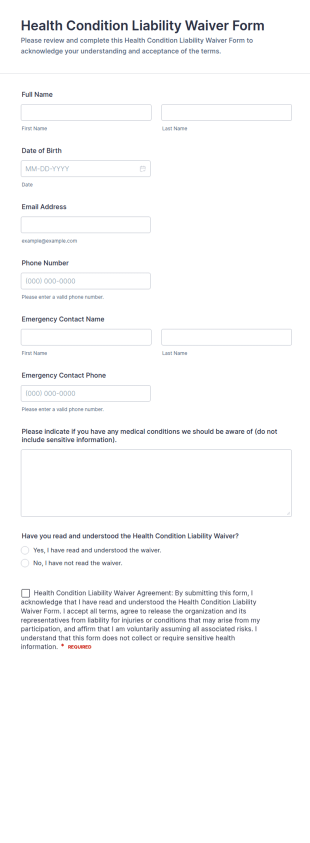 Health Condition Liability Waiver Form Template