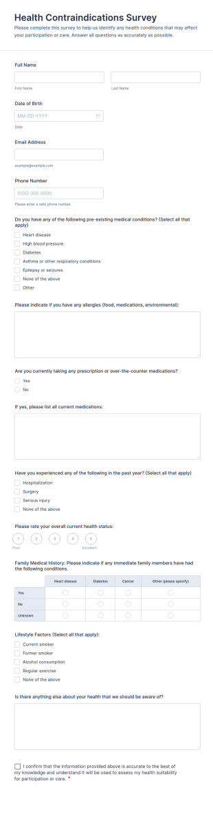 Health Contraindications Survey Form Template