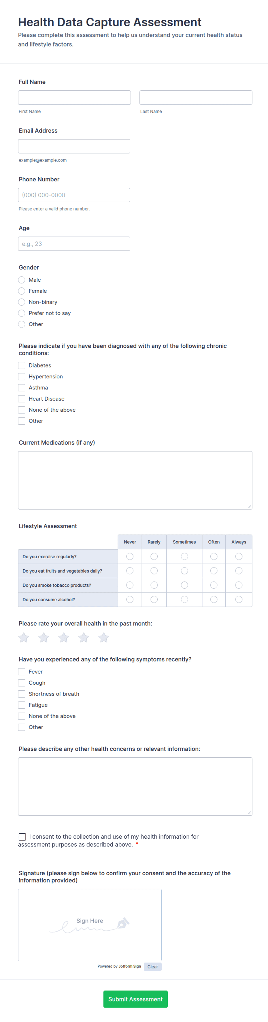 Health Data Capture Assessment Form Template | Jotform