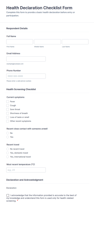 Health Declaration Checklist Form Template