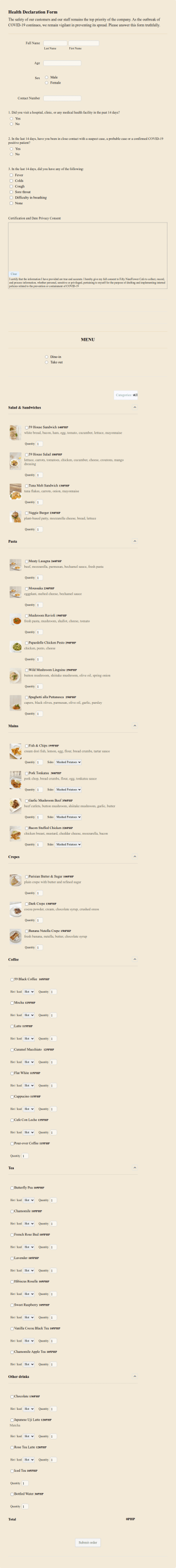 Health Declaration Form & Menu 59