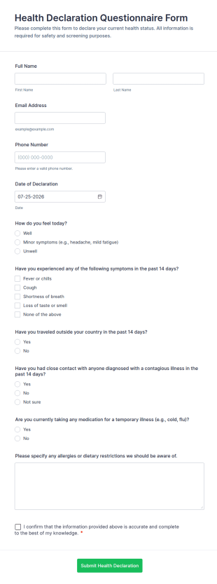 Health Declaration Questionnaire Form Template