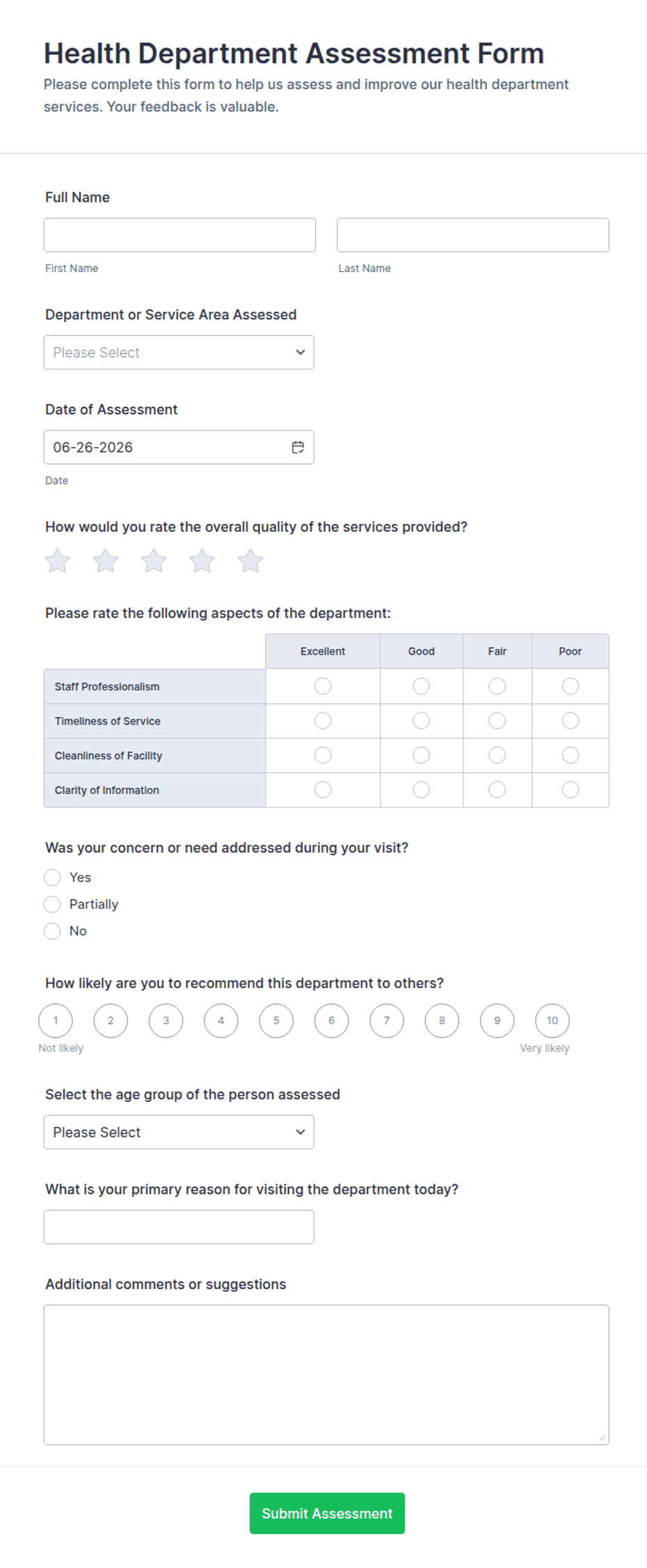 Health Department Assessment Form Template | Jotform